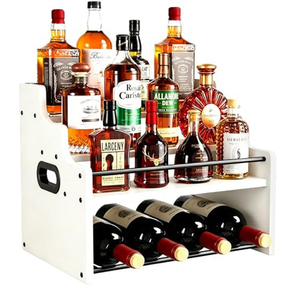 4-Tier Wood Display Shelf Wine Rack for 16 Bottles Wood Coffee Syrup Organizer with Handles Home Whiskey Shelf Retro Mini Liquor Cabinet Spice Rack Coffee Bar Shelves, White - color: White
