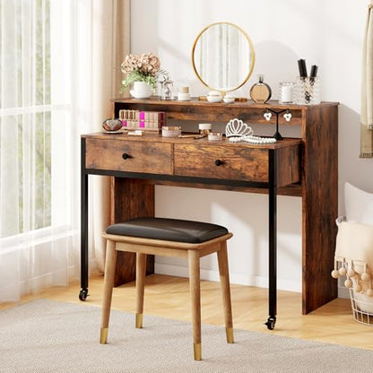 Tangkula Extendable Computer Desk with 2 Storage Drawers, Convertible Home Office Desk with Monitor Shelf, Metal Frame & Lockable Wheels, Rolling Study Writing Desk (Brown) - color: Brown