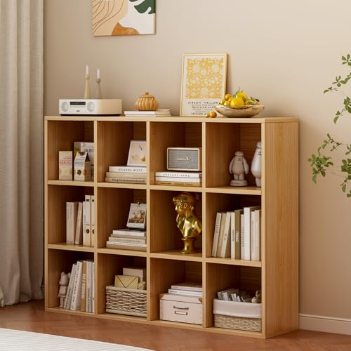 OSCHF 12-Cube Storage Shelf Bookcase - Wooden 3-Tier Floor Standing Open Bookshelf for Home and Office, Display Cabinet, Oak - color: Oak, size: 12-Cube