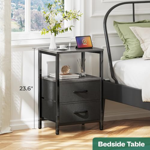 Huuger Nightstand with Charging Station, Side Table with Fabric Drawers, End Table with Open Shelf, Bedside Table with USB Ports and Outlets, Night Stand for Bedroom, Charcoal Gray - color: Charcoal Gray and Black, size: 11.8"d X 15.7"w X 23.6"h (2 Drawer