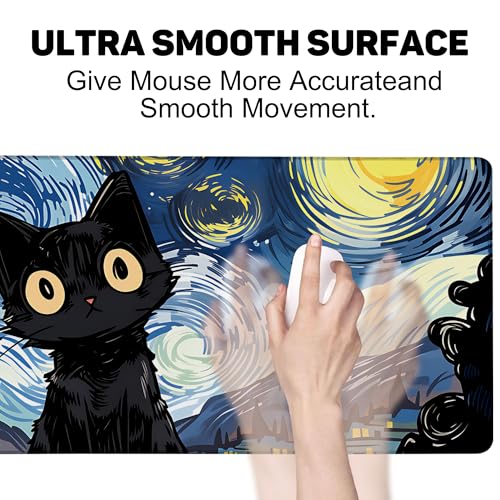 Black Cat Starry Night Gaming Mouse Pad with Stitched Edges Non-Slip Rubber Base Mouse Pad for Office,Computer,Keyboard,Laptop and Home Desk,31.5 x 11.8 Inch - color: Black Cat Starry Night, size: 11.8*31.5inch