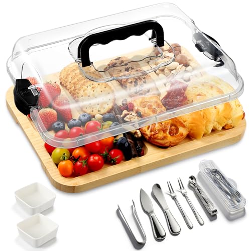 Kochorie 10 Pieces Portable Bamboo Cheese Board Set Charcuterie Board with Lid and Handle, Knife Set Meat Fruit Serving Tray Platter for Travel Picnic Kitchen House Warming Gifts (Rectangular)