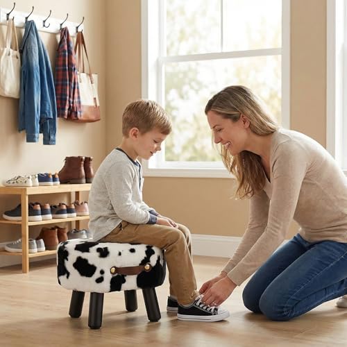 Foot Stools Small, Cow Ottomon with Handle, Velvet Footrest | Curved Foot Stool with Padded Seat Wooden Legs, Portable Foot Rest for Living Room, Bedroom, Entryway (Cow) - color: Cow