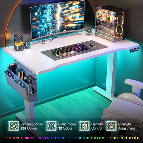 EnHomee Electric Standing Desk with LED Lights,Computer Desk 56 x 24 Inch Height Adjustable with 3 Memory Preset,Gaming Sit Stand Desk with Storage Side Pocket and Cable Management,White