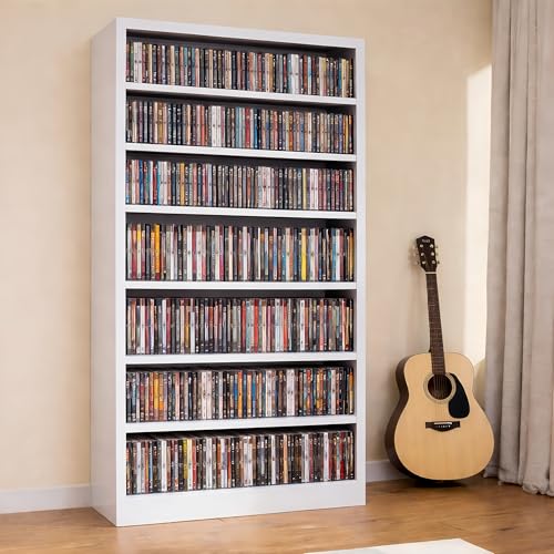 Metal DVD Storage Cabinet, 7 Tier Tall Media Storage Shelf with Adjustable Shelves, Freestanding CD & DVD Rack Tower Bookshelf for Living Room, Home Entertainment,White - color: White, size: 7 Tier