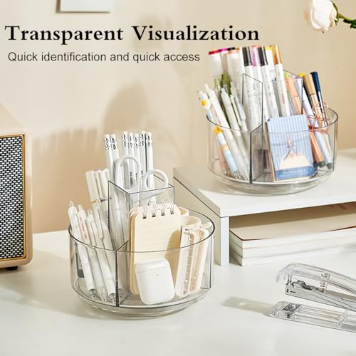 JIKIOU Acrylic Pen Holder, 360-Degree Rotating Pen Holder for Desk, Clear Desk Organizers and Accessories with 5 Compartments Pencil Organizer, Art Supply Storage Box Caddy for Office, Home