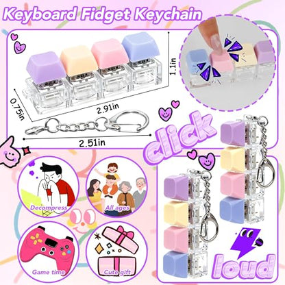 2 PCS 4-in-1 Keyboard Fidget Toy Keychain, Finger Clicky Button Toy Stress Relief Keychain with Swappable Keycaps, Mini Mechanical Key Fidget for Office Desk Focus Gifts (Purple Blue) - color: Purple Blue