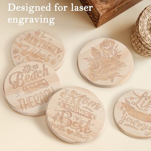 60 Pieces Unfinished Wood Coasters, GOH DODD 4 Inch Wooden Blanks with Non-Slip Pads for Laser Engraving Wood Burning Staining Painting Decoupage Housewarming Gifts Wedding Crafts Education, Round - color: Round-60pieces