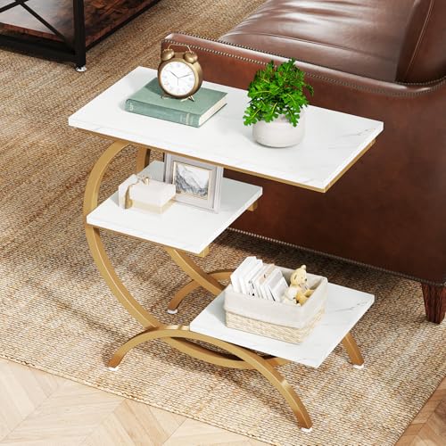 Tribesigns C-Shaped End Table, Industrial 3-Tier Small Side Table for Couch, Wood Bedside Table Snack Side Table with Storage Shelves for Living Room Small Space, White Gold - color: White Gold