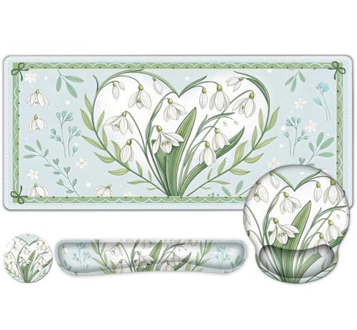 Floral Desk Mat, 4in1 Large Mouse Pad with Wrist Rest, Desk Matt for Desktop, Desk Pad Mat, Anti-Slip XXL Big Computer Ergonomic Mousepad with Wrist Support for Keyboard and Mouse I Green Flower Heart - color: Green Flower Heart