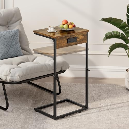Vagusicc C Shaped End Tables Set of 2 with Charging Station, 33.2'' Tall C Table Adjustable Height Side Table, Small Side Table for Small Spaces, Couch Sofa Table TV Tray for Living Room, Rustic Brown - color: Rustic Brown (2 Pack), style: With Plug