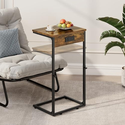 Vagusicc C Shaped End Tables Set of 2 with Charging Station, 33.2'' Tall C Table Adjustable Height Side Table, Small Side Table for Small Spaces, Couch Sofa Table TV Tray for Living Room, Rustic Brown - color: Rustic Brown (2 Pack), style: With Plug