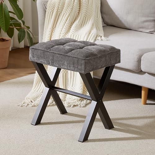 Royal Windsor Vanity Stool,Square Ottoman Stool Foot Rest,Upholstered Vanity Chair Foot Stool with Metal X Legs, Small Vanity seat for Entryway,Bedroom and Living Room,Linen Dark Grey - color: 12.6"d Dark Grey+black