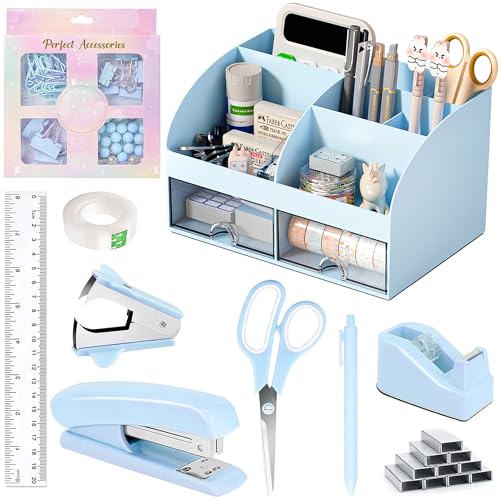 COMFYROOM Desk Accessories with Pen Holder, Office Supplies Desk Organizers and Accessories, Tape Dispenser, Stapler, Staple Remover, Staples, Clips Set, Ruler, Scissor, Pen, Tape (Blue) - color: Desk Accessories Office Supplies-Blue