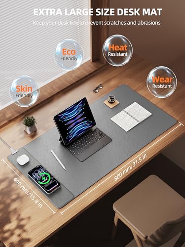 TopMade Mouse Pad with 15W Wireless Charging, XXL Large Leather Desk Mat, Waterproof Gaming Mousepad Home Office Desk Pad Protector, Computer Keyboard Pad, Mouse Mat for MacBook, PC, Laptop, Gray - color: Gray