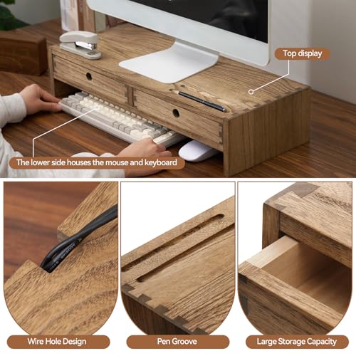 KIRIGEN Wood Monitor Stand with 2 Drawers, Solid Wood Computer Monitor Riser for Desk, Desktop Organizer Shelf with Cable Management, Pen Slots, Brown, No Assembly PMJ-DBR - color: Dark Brown