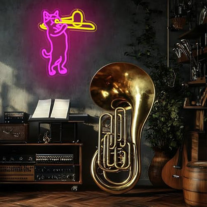 Cat Playing Trombone Neon Sign for Wall Decor Dimmable Cat Neon Lights Music LED Sign USB Powered Live Music Neon Signs for Pet Shop Music Room Bedroom Concert Dj Studio Bar - style: cat playing trombone