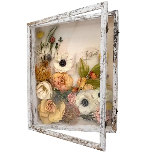 GraduationMall 16x20 Wood Shadow Box Frame Glass Door Display Case with Linen Back and 6 Stick Pins,1.5 inches Interior Depth,Ideal for Memorabilia Pictures Flowers Medals Tickets Rustic White - color: Rustic White, size: 16x20
