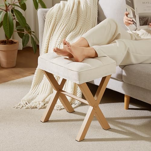 Royal Windsor Vanity Stool,Square Ottoman Stool Foot Rest,Upholstered Vanity Chair Foot Stool with Metal X Legs, Small Vanity Seat for Entryway,Bedroom and Living Room,Linen Beige - color: 12.6"d Beige+yellow