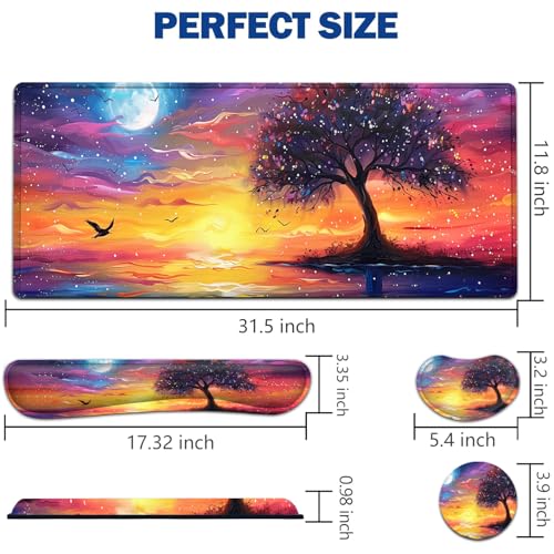 Large Mouse Pad + Keyboard Wrist Rest Set, Extended Gaming Mousepad (31.5X11.8 inch) with Non-Slip Rubber, Ergonomics Memory Foam Mouse Wrist Rest Support, Night View Pattern XXL Desk Pad - color: Yu-Mouse Pad-3-B35