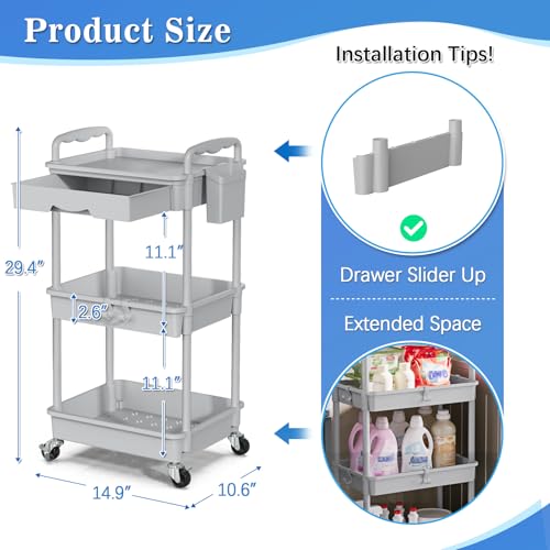 SUNALLY 3 Tier Rolling Cart with Drawer, Bathroom Storage Organizer with 2 Lockable Wheels, Multifunctional Rolling Storage Cart for Bathroom, Kitchen, Office, Craft, Makeup, Baby Essentials, Gray - color: Gray, size: 3 Tier