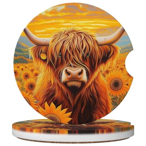 2 Pack Car Cup Holder Coasters Highland Cow Absorbent Ceramic Coaster for Cup Holders Fashion Car Interior Accessories for Men Drink Coaster for Women - color: Highland Cow