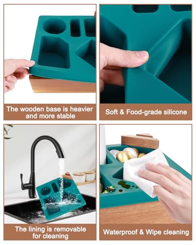 Couch Cup Holder Tray, Silicone Wooden Couch Caddy with Cup Holder for Snacks, Drinks, Remotes, Waterproof Cup Holder for Couch, Organizer, Couch Drink Holder - color: E-green