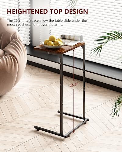 Vantic C Shaped End Table, Small Side Table for Couch and Recliner, Slide Under Sofa Tray Desk with Storage Bag for Living Room and Bedroom, Rustic Brown - color: Rustic Brown