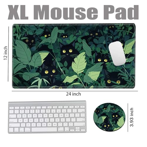 Grass Black Cat Mouse Pad Gaming Desk Mat 24x12 Mousepad XL Desk Pad Long Computer Mat Large Mouse Pads for Wireless Mouse Office Work Women - color: Grass Cat, size: 24''X12''