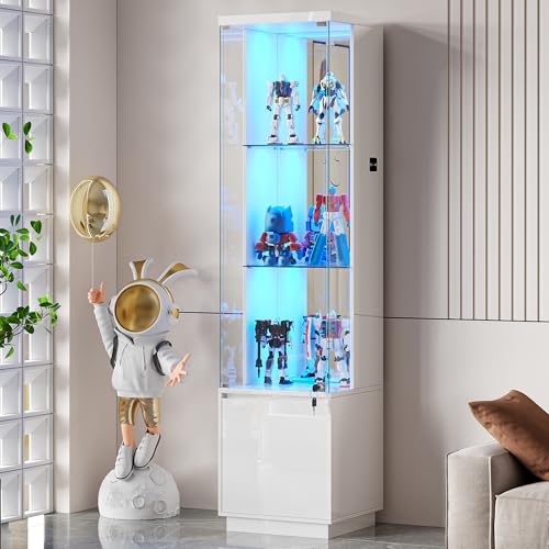 Lvifur Lockable Curio Display Cabinet with Glass Door,65" Lighted Curio Cabinet with 3 Color Lights for Collectibles,3-Tier Glass Display Case with Human Body Sensor for Living Room,White - color: White-65"