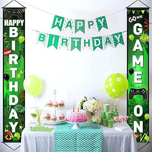 Blulu Game On Birthday Banner - Video Game Party Decorations, Controller Door Sign, Happy Backdrop, Gamer Party Background, Block Night Decoration