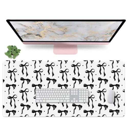 White Mouse Pad with Black Bows, Cute Desk Mat Bow Keyboard Mat for Computer Laptop Non-Slip Rubber Base, Large Office Mat Girly Desktop Décor Accessories Office Supplies for Girls Women 35.4 x 15.7in - color: Black, size: 35.4" x 15.7"