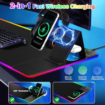 XXL RGB LED Gaming Mouse Pad with Magnetic Wireless Charging & Foldable Phone Holder, 31.5"x11.8" Extended Ultra-Smooth Desk Pad, 25 Lighting Effects, Non-Slip Base - color: RGB-31.5"x11.8"-Magnetic Stand-Right