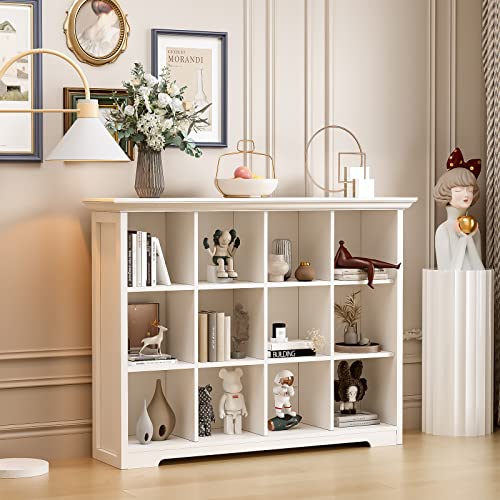 OSCHF Wooden Cube Bookcase with Base - Modern 3 Tiers Floor Standing Open Shelf Cabinet for Home and Office, 12-Cube Lattice Bookshelf, Warm White - color: Warm White, size: 12-Cube
