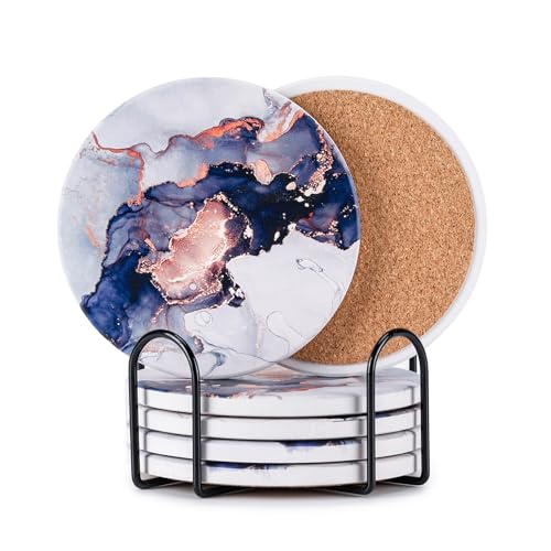 Hoewina 6Pcs Drink Coasters with Holder, Marble Style Ceramic Drink Coaster, Absorbent Coasters Set Suitable for Kinds of Cups, Modern Style Coasters for Coffee Table, 4 Inches（Render Style） - color: Render Style