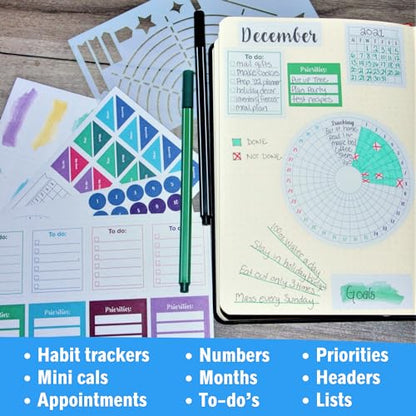 Ultimate Productivity Stencils & Stickers - x20 Sheets of Planner Stickers, x6 Stencils - Calendars, to Do Lists, Habit Trackers, Goals - Accessories & Supplies for Bullet Journals by Sunny Streak