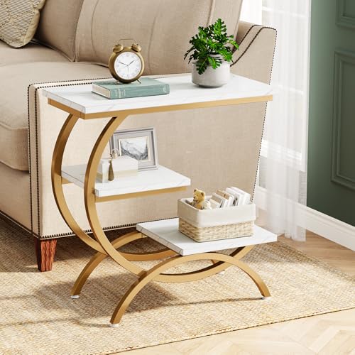 Tribesigns C-Shaped End Table, Industrial 3-Tier Small Side Table for Couch, Wood Bedside Table Snack Side Table with Storage Shelves for Living Room Small Space, White Gold - color: White Gold