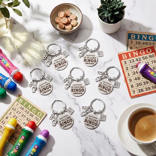 Nosiny 12 Pcs Bingo Lover Gift Stainless Steel Keychain Bulk Game Player Lovers Gifts Digital Game Keychain for Gambler - style: Happiness