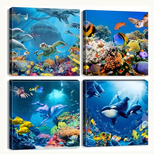Ocean Wall Art Bathroom Sea Animal Pictures Dolphin Turtle Fish Whale Wall Decor Blue Undersea World Canvas Prints Nautical Coral Reef Landscape Painting Coastal Posters Artwork Decoration 12x12” 4Pcs - color: Blue Ocean, size: 12x12in