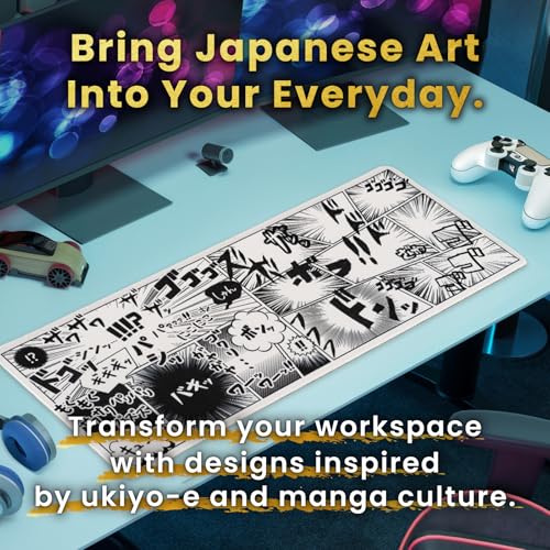 BELLEMOND Japanese Art Desk Mat | Large 31.5x11.8in Anime Mouse Pad for Keyboard & Mouse | Non-Slip Base, Water-Repellent | Original Japanese Design | Manga Burst - color: Manga Burst