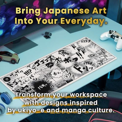 BELLEMOND Japanese Art Desk Mat | Large 31.5x11.8in Anime Mouse Pad for Keyboard & Mouse | Non-Slip Base, Water-Repellent | Original Japanese Design | Manga Burst - color: Manga Burst