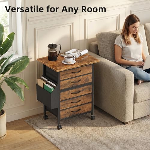 HIGDBFE 5 Fabric Drawers File Cabinet with Side Pocket, Rolling Printer Stand with Storage for Home Office, Wood Top Storage Cabinet Office Storage for Documents and Crafts, Rustic Brown, 15" D - size: 15"D (5 Drawers)