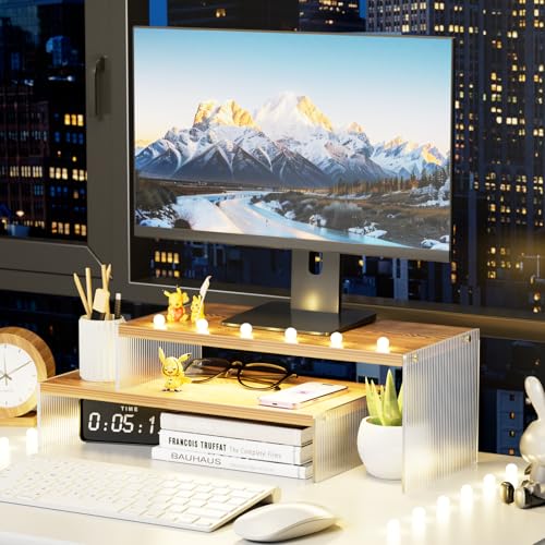 Adjustable Monitor Stand Riser with Acrylic Legs丨15.74" Length Dual Monitor Stand for Desk丨2-Tier Wood Desktop Organizer for Computer, Laptop, Printer & PC丨Modern Aesthetic Desk Shelf(wood-wavy) - color: wood-wavy, size: 7.67' W*15.74L