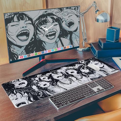XL Black & White Manga Gaming Mouse Pad – Large Japanese Art Desk Mat for Keyboard & Mouse – Non-Slip Water-Resistant Surface, Stitched Edges – 31.5x11.8 in (X-Large) - color: Ahegao, size: 31.5L x 11.8W inches