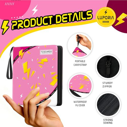 Trading Card Binder 4 Pocket,400 Pocket Card Collection Binder with 50 Removable Sleeves,PU Waterproof Top Card Book,3-Ring Zipper Collectible Trading Card Album for MTG/TCG/Card Holder Gift（Pink） - color: Pink, size: Small