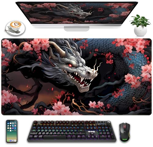 Cute Sakura Dragon Gaming Mouse Pad Kawaii XXL Large Extended Anime Desk Mat, Non-Slip Rubber Base Mousepad, Office Decor Desk Pad, Cool Keyboard and Mouse Mat with Stitched Edges, 31.5x15.75 in - color: Red Sakura Dragon