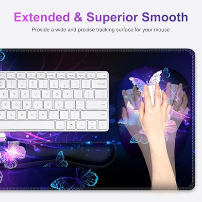 Large Mouse Pad with Wrist Support 4in1 Set, XXL Game Mousepad + Keyboard Wrist Rest+Mouse Wrist Rest+Coaster with Ergonomic Design Gaming Mat for Home Office Table Computer I Purple Butterfly - color: Purple Butterfly