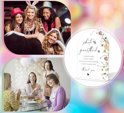 Photo Guest Book Sign, Wedding Guest Book Alternative, Flower Style Bridal Shower Signs for Engagement, Bridal Shower and Reception, Wedding Shower Favors, 6X8 Inch Acrylic Arch Sign with Stand,34 - color: Photo Guest,34