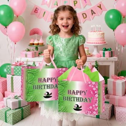 Hooqict Large Pink and Green Gift Bag Witch Birthday Gift Wrap Bag with Handles, Tissue Paper, Greeting Cards for Girls Friendship Princess Witch Party Favors Movie Theme Birthday Party Supplies - color: Pink and Green