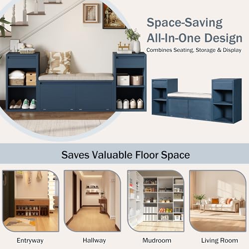 77.48" Entryway Storage Bench with Cushion, Drawers & Shelves, Antique Navy | 4-in-1 Hallway Bench with Drawers, Compartments & Open Shelves – Mudroom Shoe Storage, Entryway Organizer - color: Antique Navy